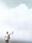 Man reaching towards a wall of clouds with doves