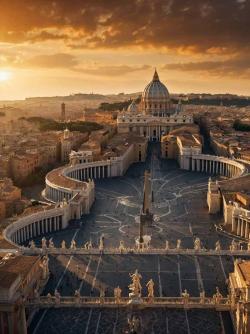 An aerial view of St. Peter's Basilica and St. Peter's Square in Vatican City at sunset, with golden light illuminating the architecture.