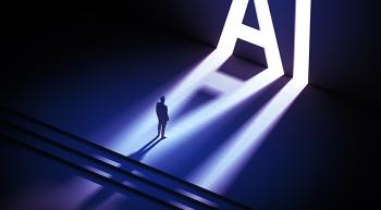 man standing in a shadow created by the large letters AI