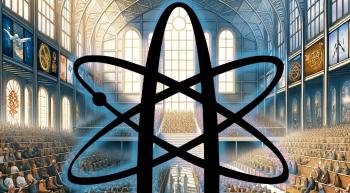 church with no religious symbolism overlaid by the atheist icon of an atomic whirl