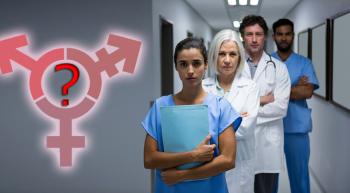 Stern Doctors or Researchers with red question mark and transgender symbol