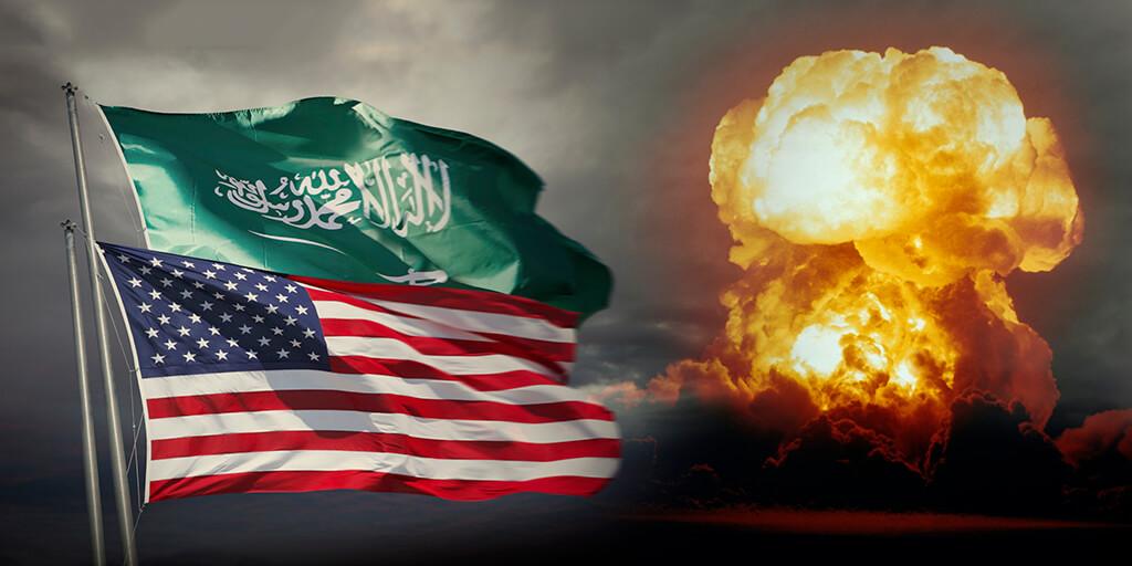 American and Saudi flags and a nuclear cloud
