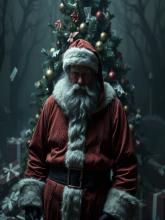 A man dressed as Santa Claus, standing in front of a Christmas tree, appearing to brood over what should be done about Christmas