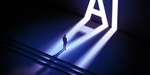 man standing in a shadow created by the large letters AI