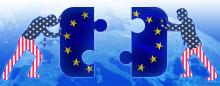 two people with stars and stripes pushing two giant puzzle pieces together that make up the EU flag