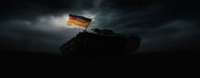 AI gernerated image of a sillouetted tank flying a german flag against a dark but dramatically lit background