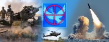collage of war scenes and a dove of peace in the crosshairs