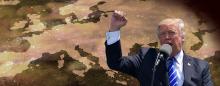 Donald Trump raising fist in front of map of Europe