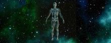 human form with skeletal and vascular systems showing floating in outer space