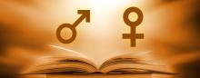 open bible with male and female gender symbols above it