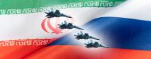 Russian fighter jets against a background of the Russian and Iranian flags