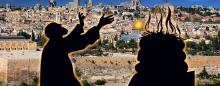 view of Jerusalem with man making burnt offering in silhouette