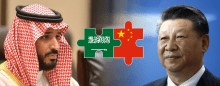 image of Saudi King Salman and Chinese leader Xi with puzzle pieces joined depicting the Saudi and Chinese flags