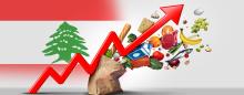 flag of lebanon in the background with a paper sack of groceries with food flying out of it and a red arrow trending upwards