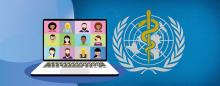 online meeting on a laptop next to World Health Organization logo