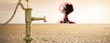 water pump on parched earth with nuclear blast on horizon